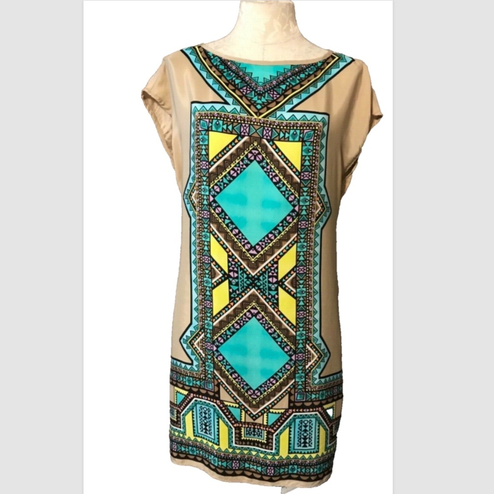 Alice & Trixie Beige Shift Dress with Turquoise and Yellow Geometric Panel